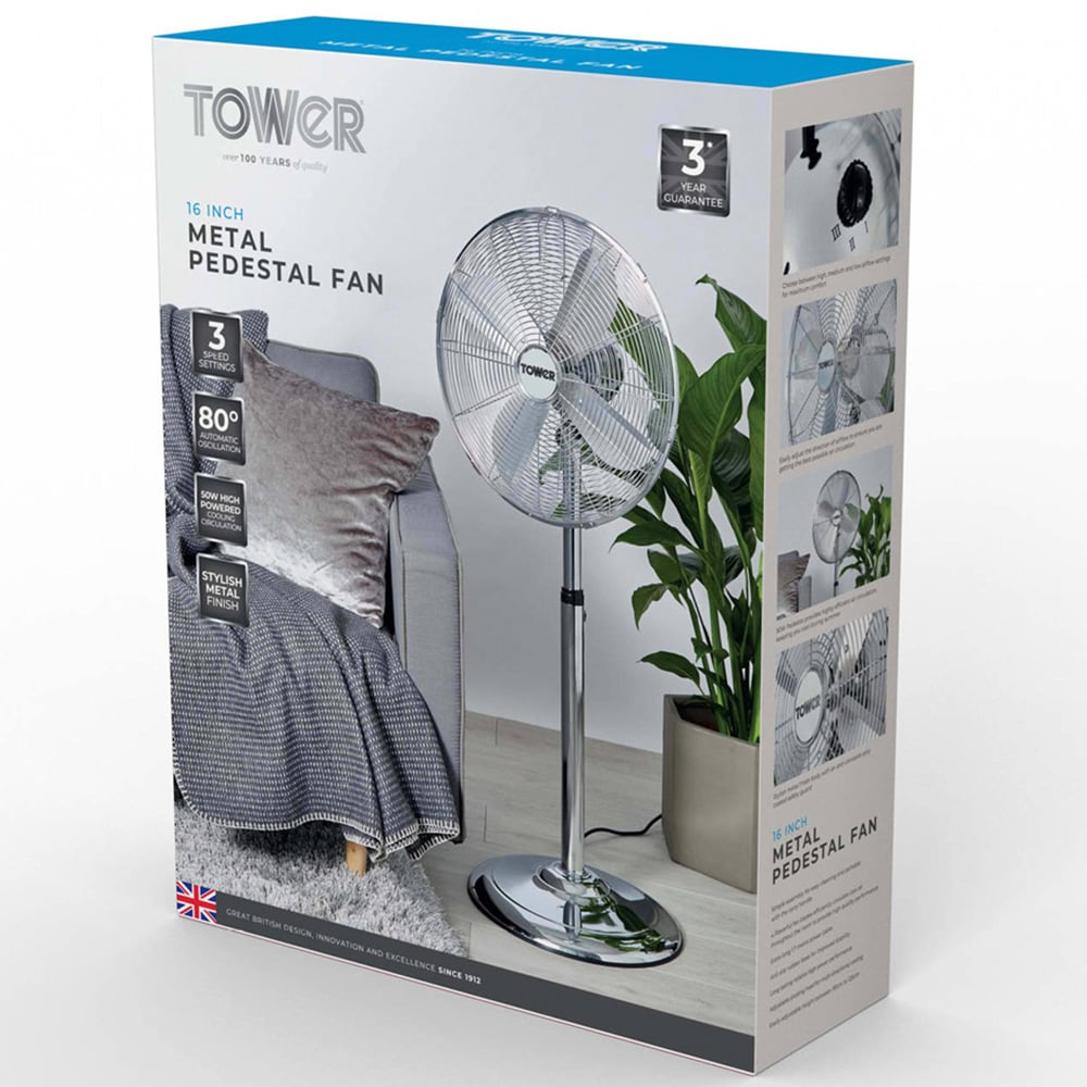 Tower 16 inch Chrome Metal Pedestal Fan Image 2