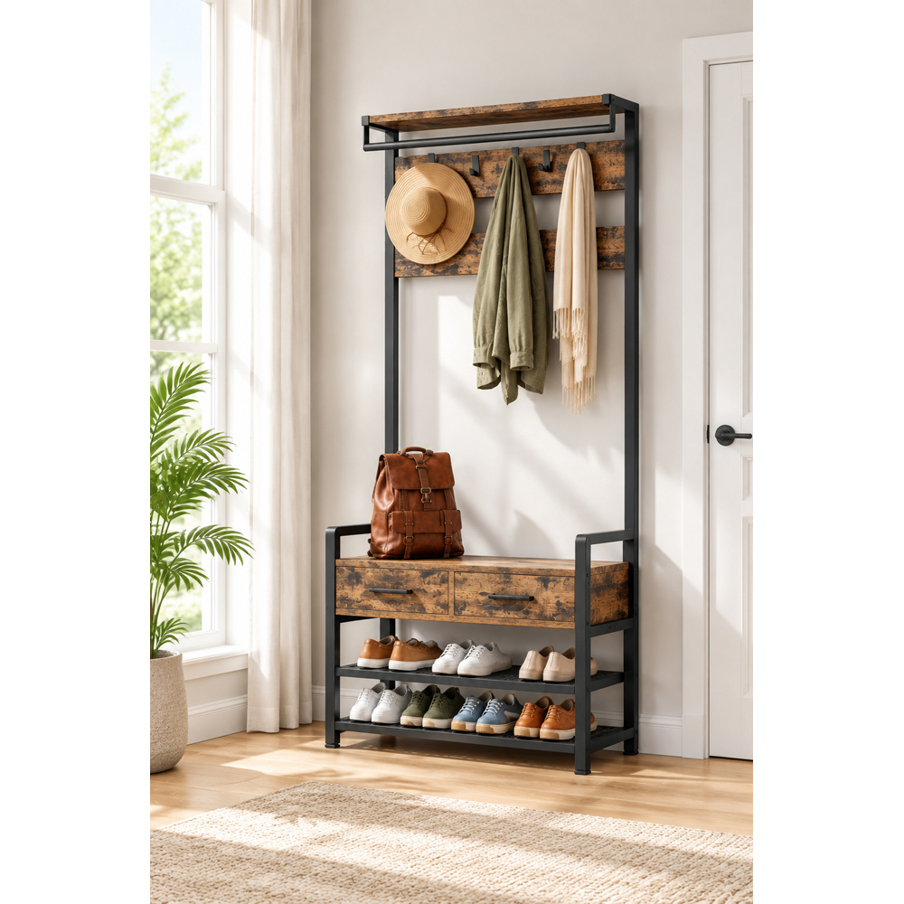 Modcraft 2 Drawer 2 Shelf Rustic Brown Industrial-Style Hall Tree with Shoe Bench Image 4