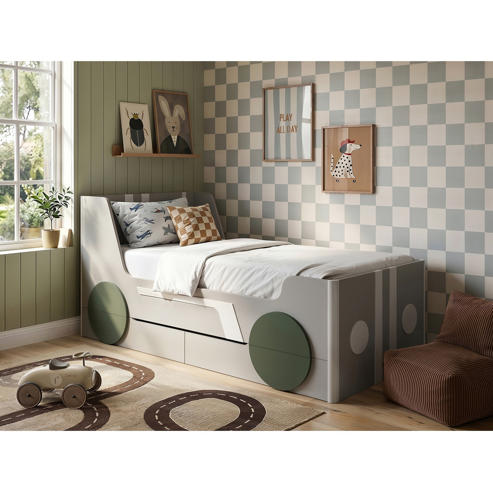 Flair Cooper Single Grey and Green Car Bed with Drawers Image 4