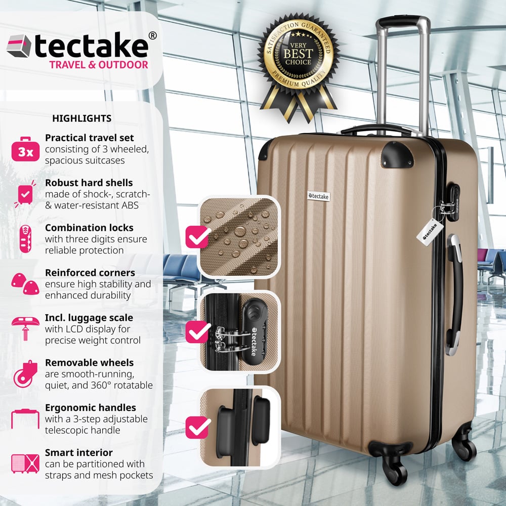 Tectake Set of 3 Champagne Hard Shell Travel Suitcase Set Image 3