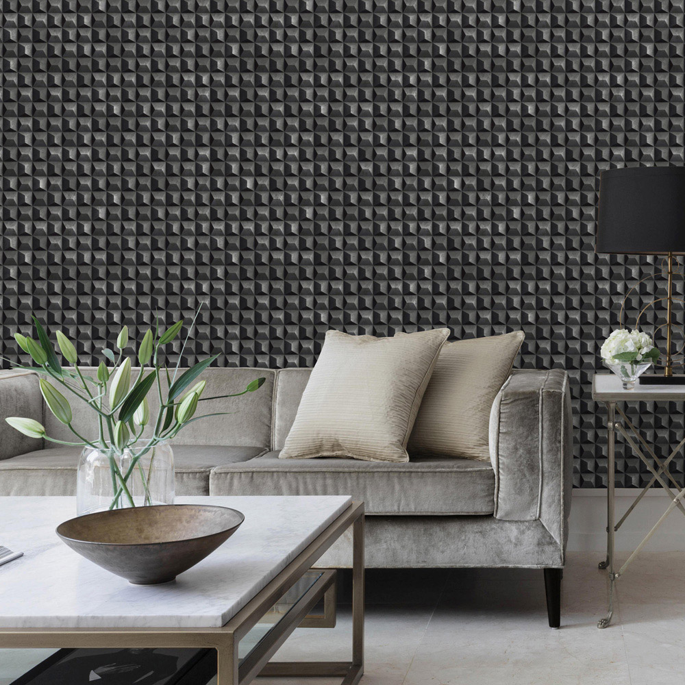 Vymura Romero 3D Square Effect Geo Black Vinyl Wallpaper Image 3