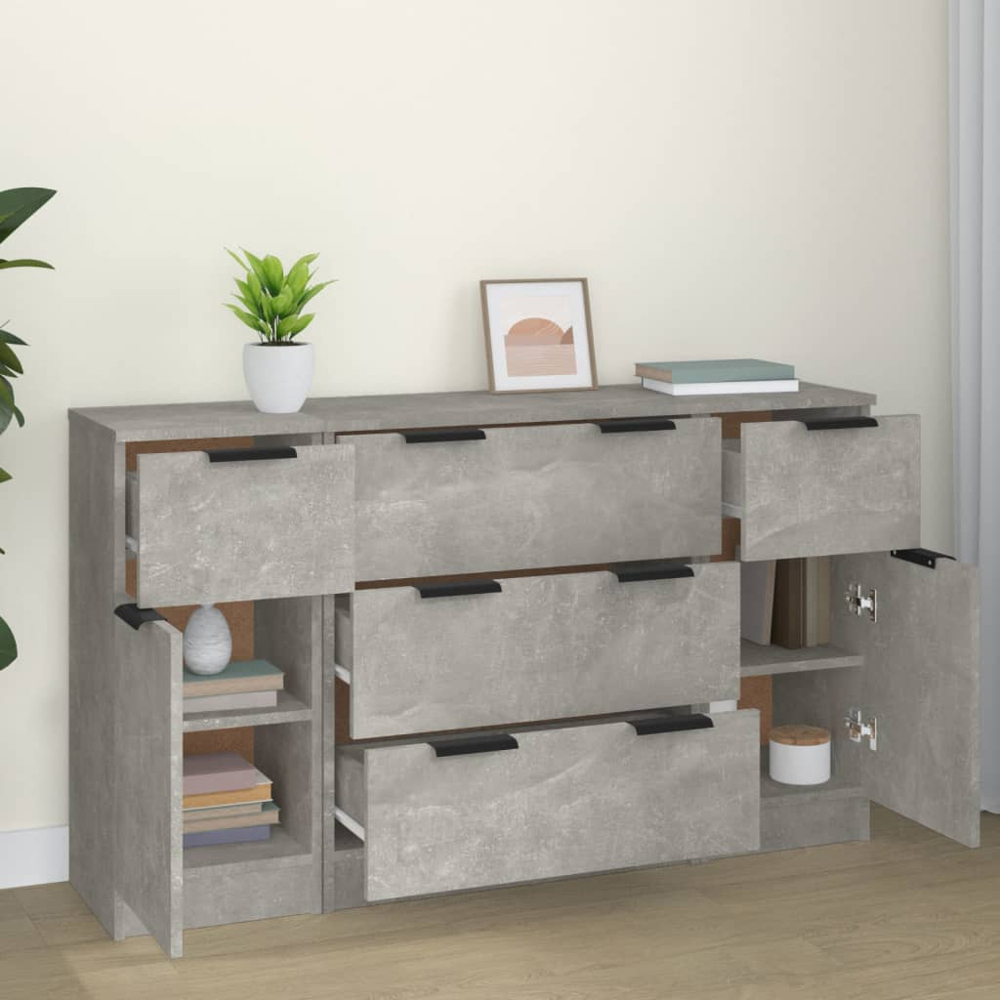 vidaXL 2 Door 5 Drawer Concrete Grey Wooden Sideboard 3 Piece Image 1