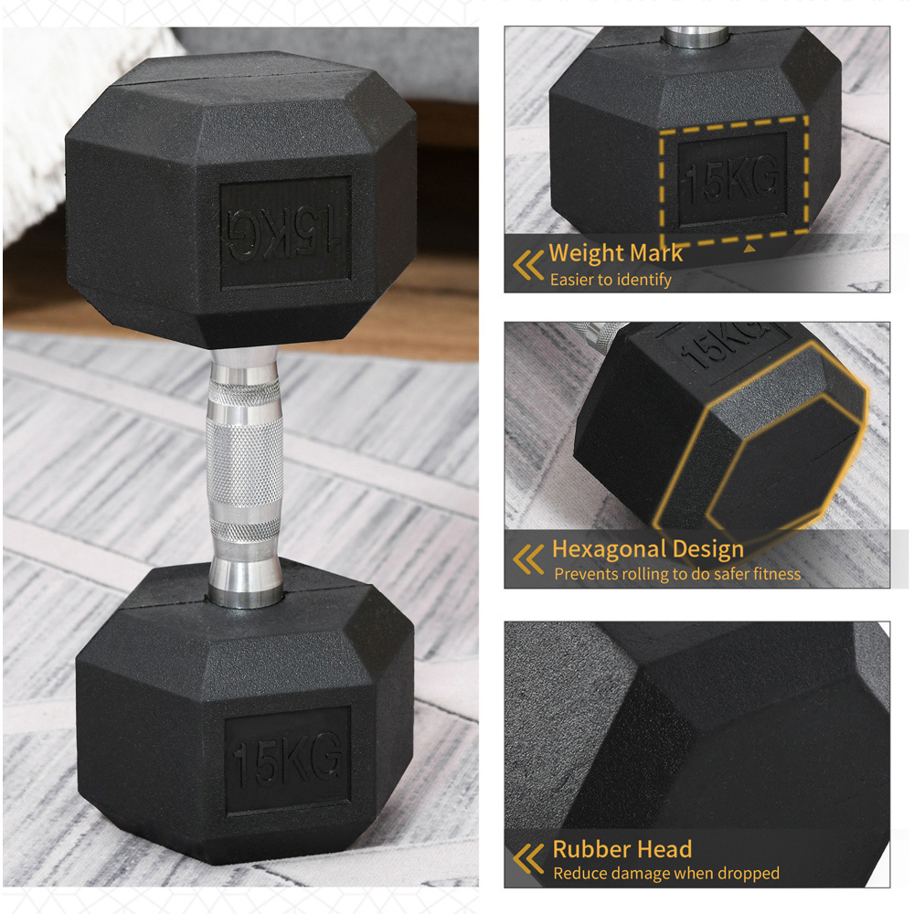 HOMCOM Black Hexagonal Rubber Dumbbell 15kg Image 4
