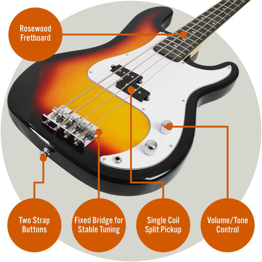 3rd Avenue Sunburst Full Size Electric Bass Guitar Set Image 4