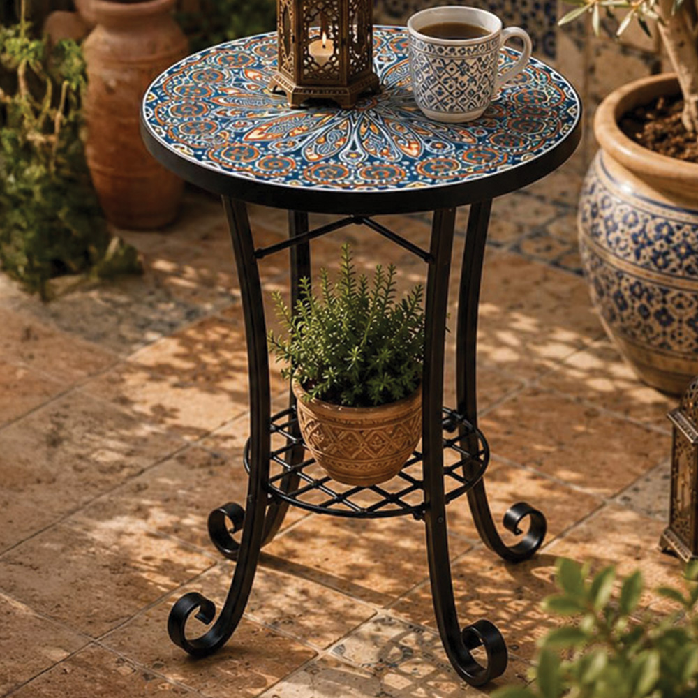 Shatchi Cairo 2-in-1 Single Shelf Mosaic Ceramic Tile Top Plant Stand Side Table Image 1