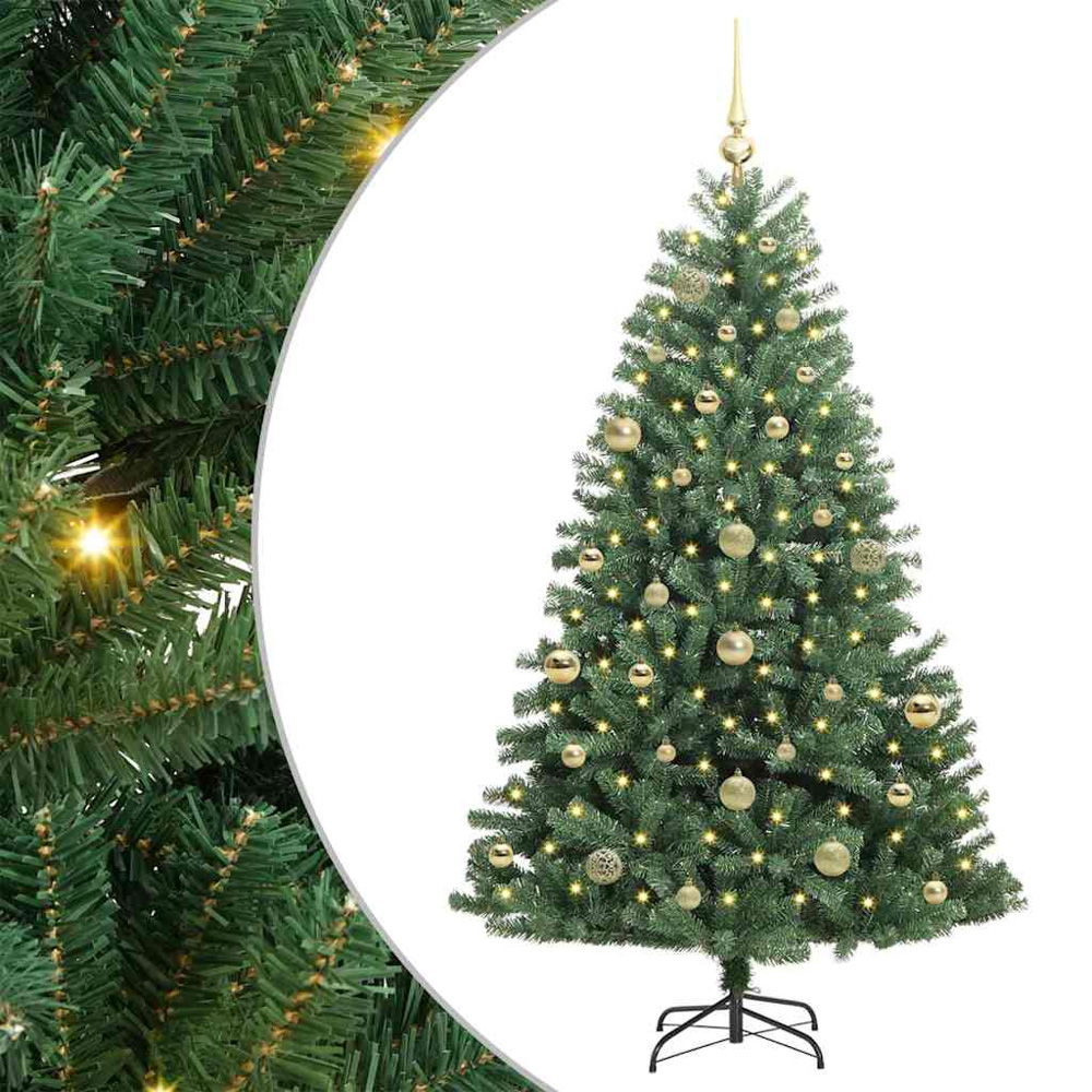 vidaXL Pre-Lit Gold Baubles Green Artificial Hinged Christmas Tree 5ft Image 2
