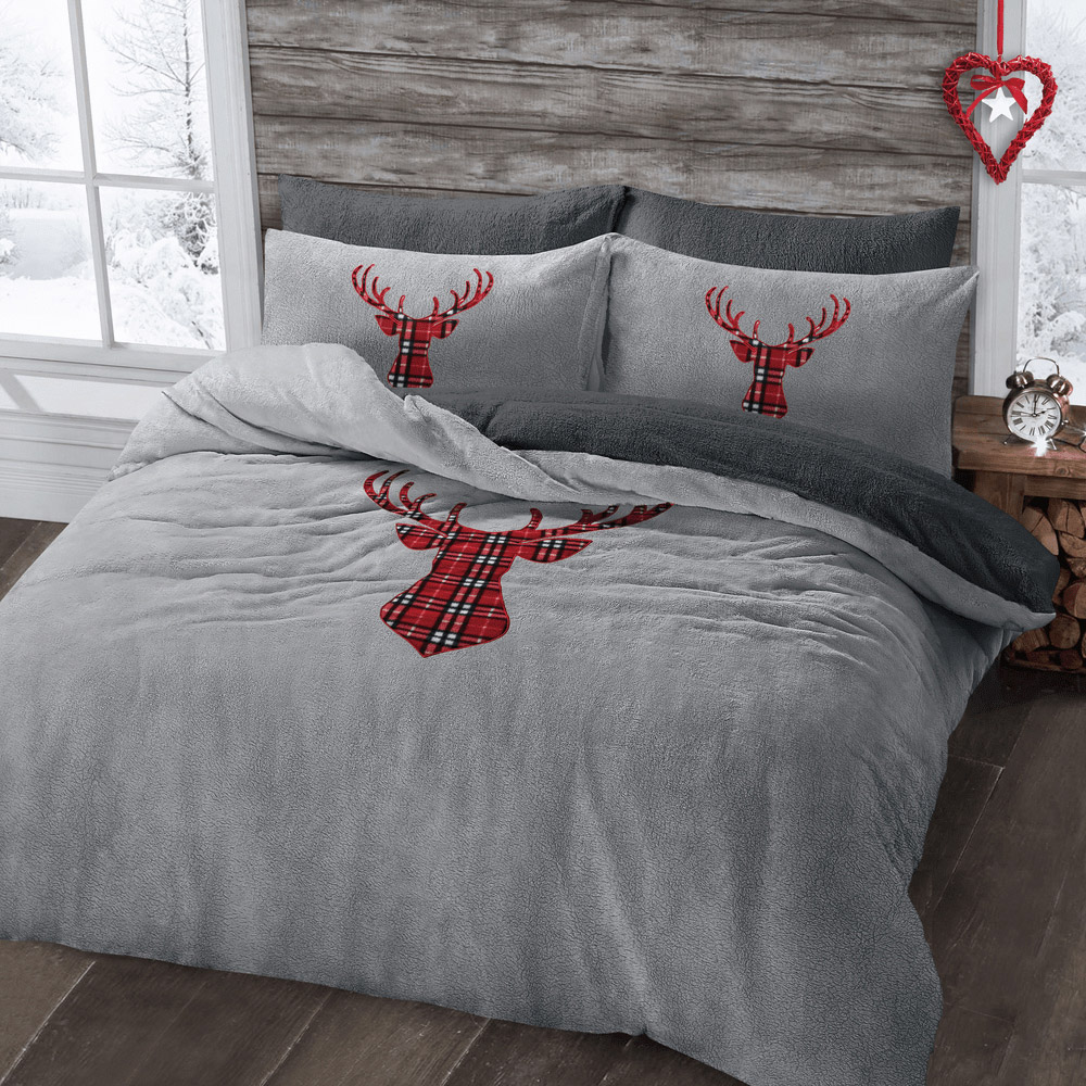 Velosso King Size Silver Stag Head Teddy Fleece Duvet Set Image 1