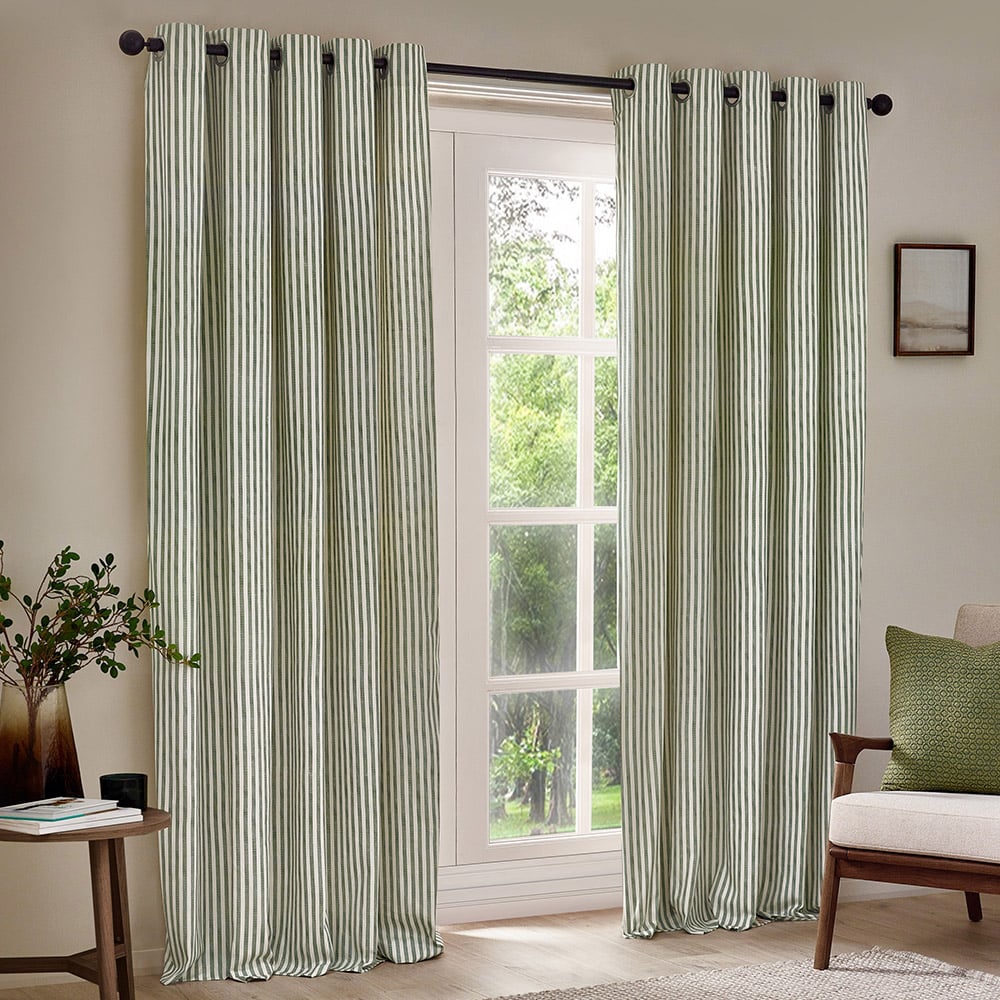 Yard Hebden Green Striped Cotton Eyelet Curtains 168 x 183cm Image 1