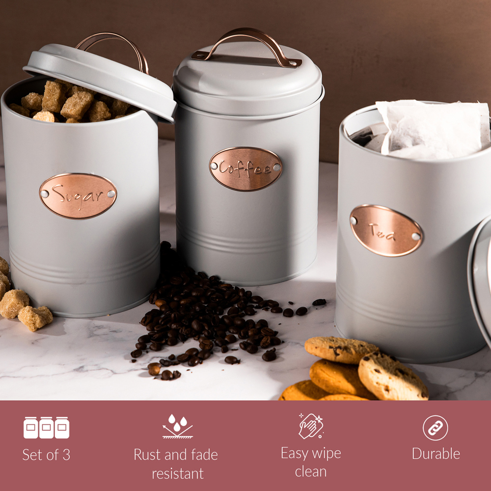 Innoteck Essentials 3 Piece Grey Round Vintage Kitchen Canister Set with Copper Decoration  Image 3