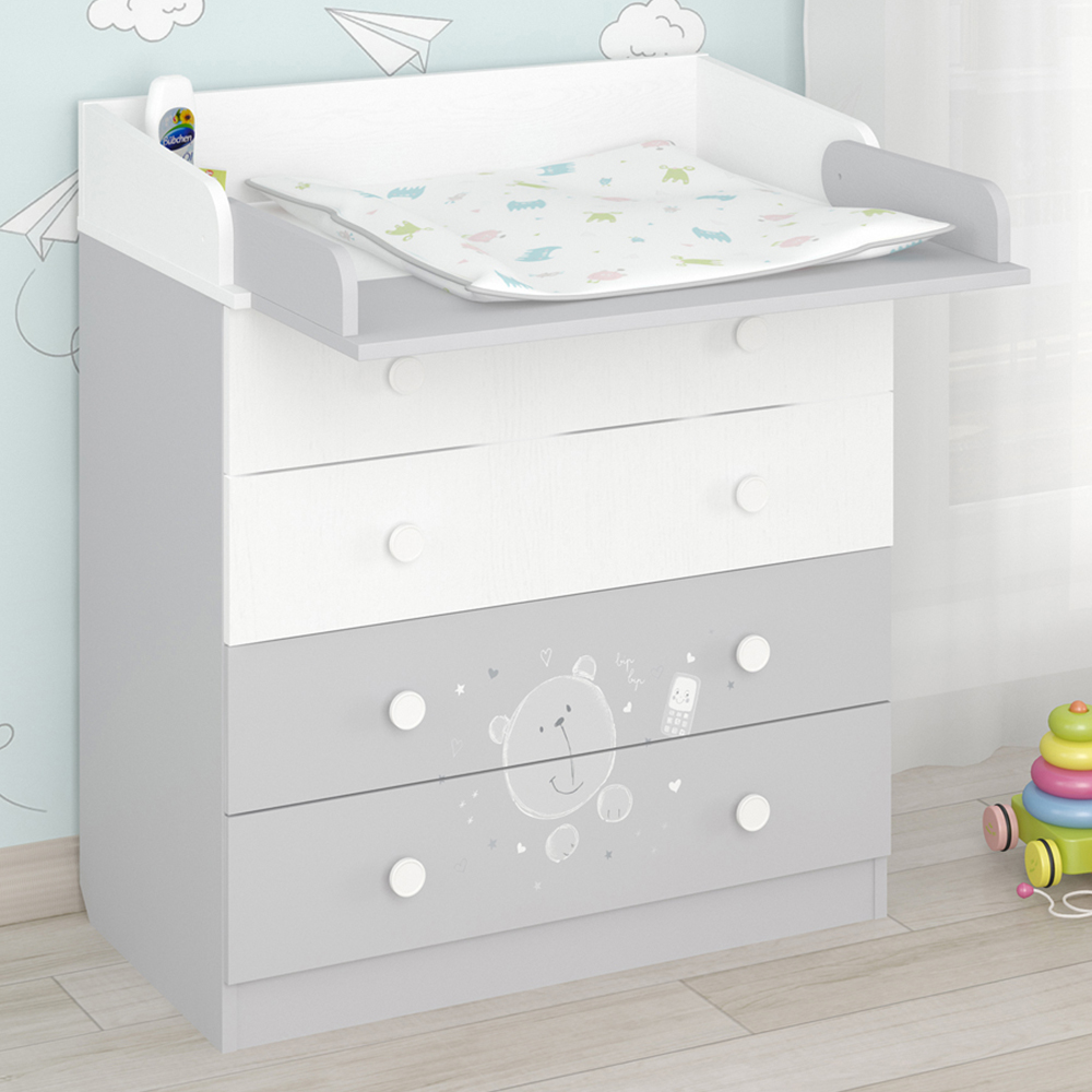 Kudl 800 Kids 4 Drawer White and Grey Teddy Dresser with Changing Board Image 1