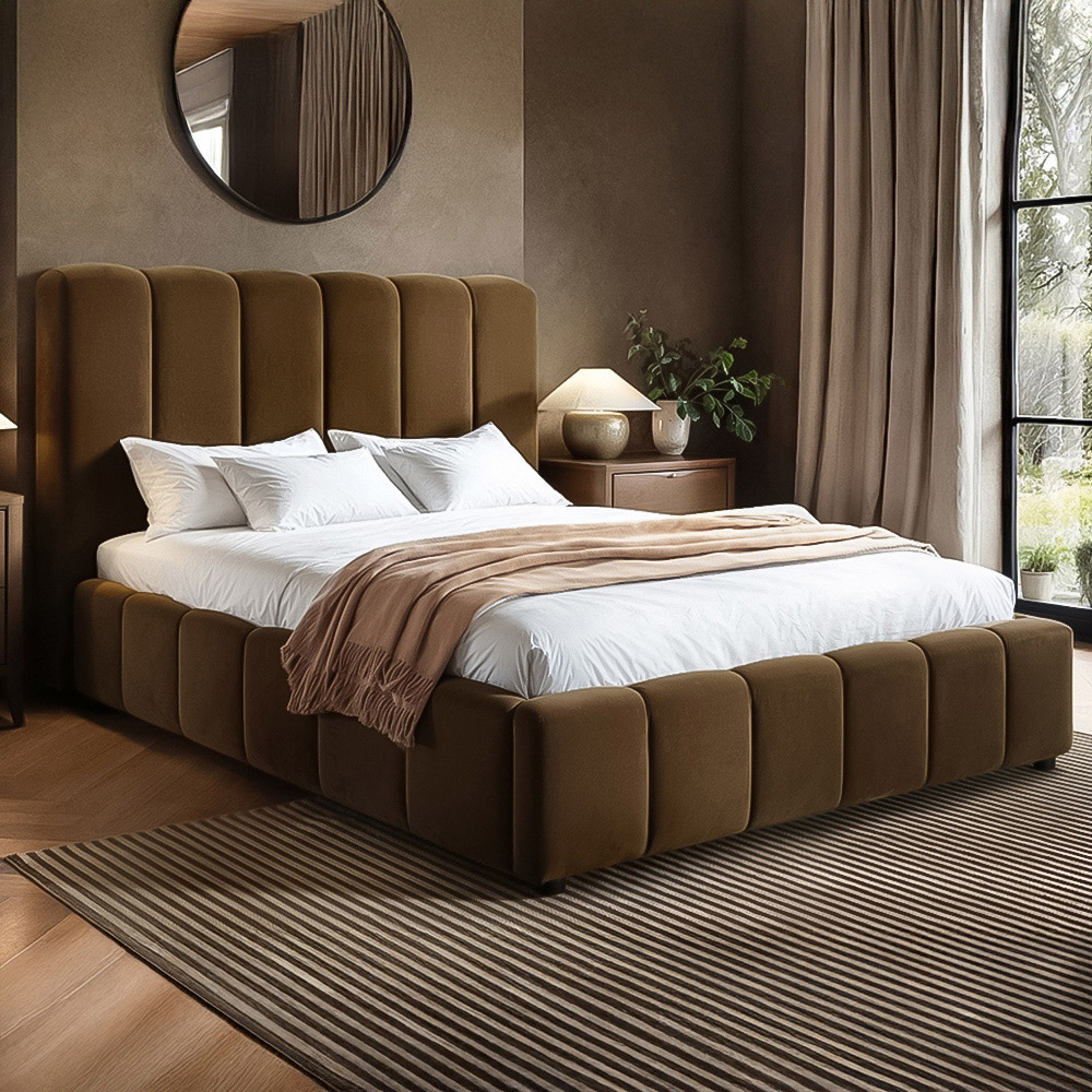 Solace+Co Emilie King Size Brown Velvet Ribbed Ottoman Bed Image 1