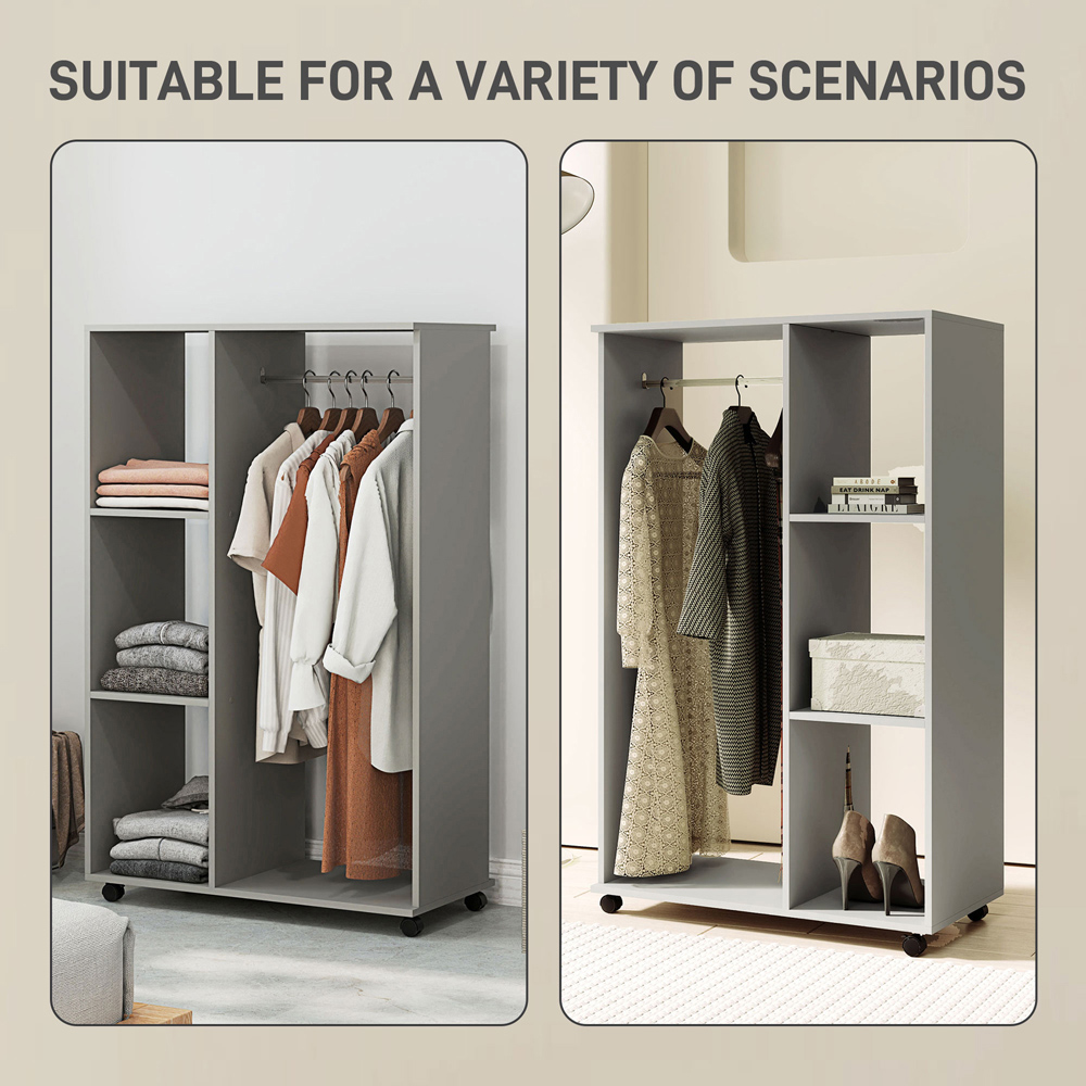 Portland 3 Shelf Grey Rolling Open Wardrobe with Hanging Rail Image 5