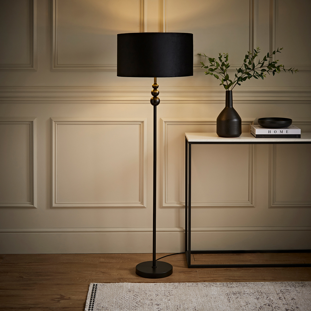 ValueLight Marissa Black Velvet Gold Inner Shade Black Stacked Ball LED Floor Lamp Image 2