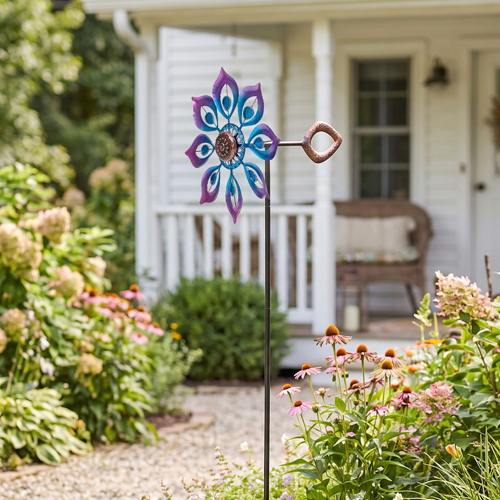 Living and Home 8 Blades Blue and Purple Metal Flower Wind Spinner 120cm Image 3