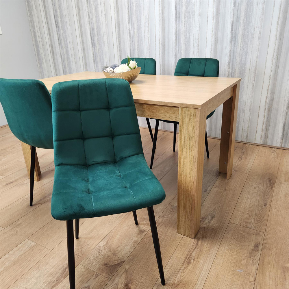 Portland 4 Seater Square Velvet Dining Set Oak Effect and Green Image 4