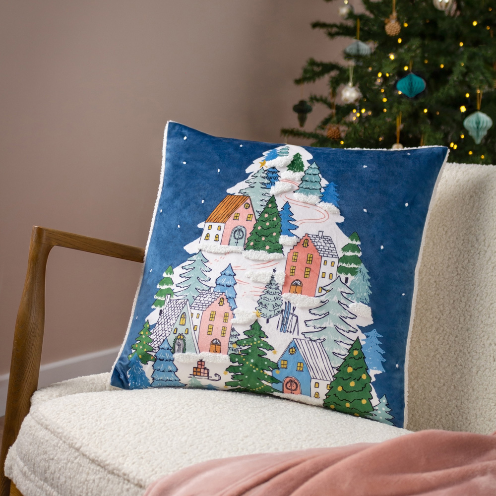 furn. Snowy Multicolour Village Tree Boucle Cushion Image 2