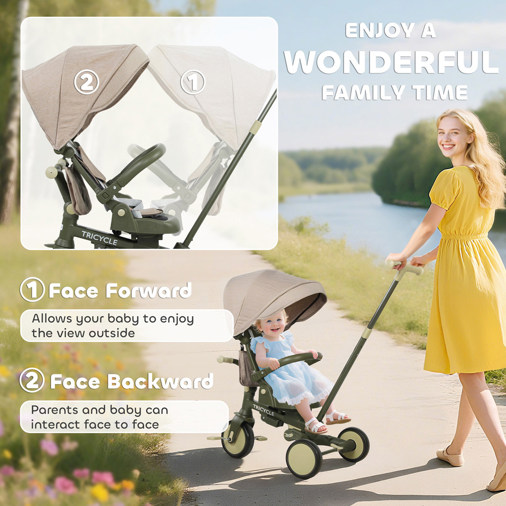 Tommy Toys 5-in-1 Toddler Dark Green 5 Point Harness Foldable Trike with Parent Handle Image 6