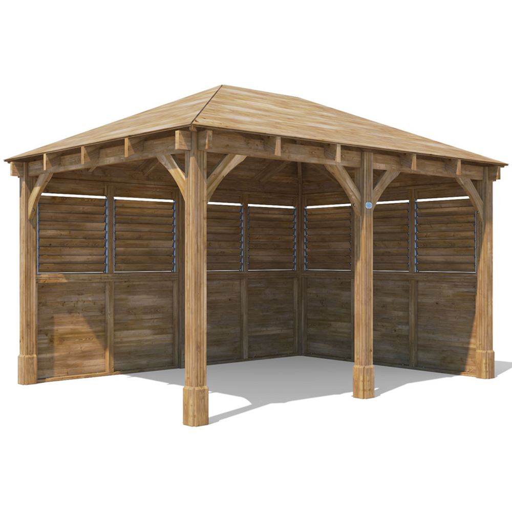 Dunster House Leviathan 4 x 3m Brown Louvre Walled Garden Gazebo with Heavy Duty Roof Shingles Image 2