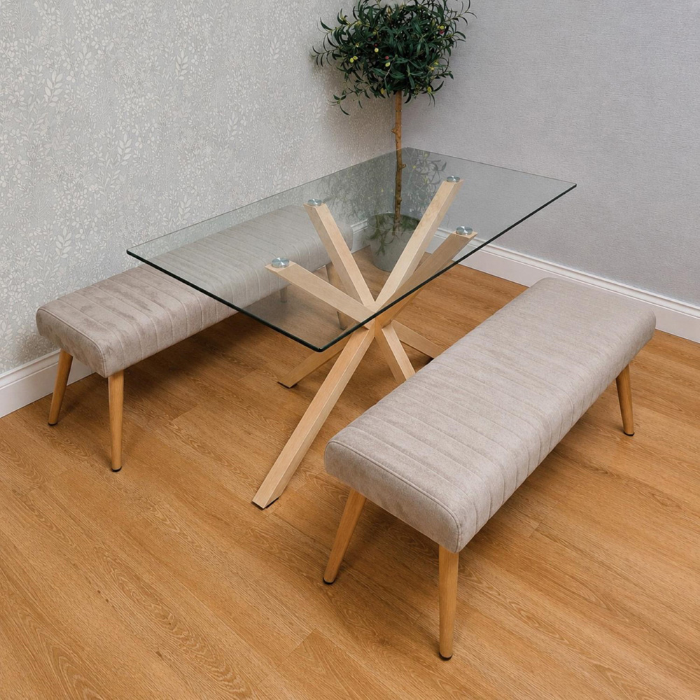 Kosy Koala 4 Seater Tempered Glass Velvet Dining Bench Set Beige Image 4