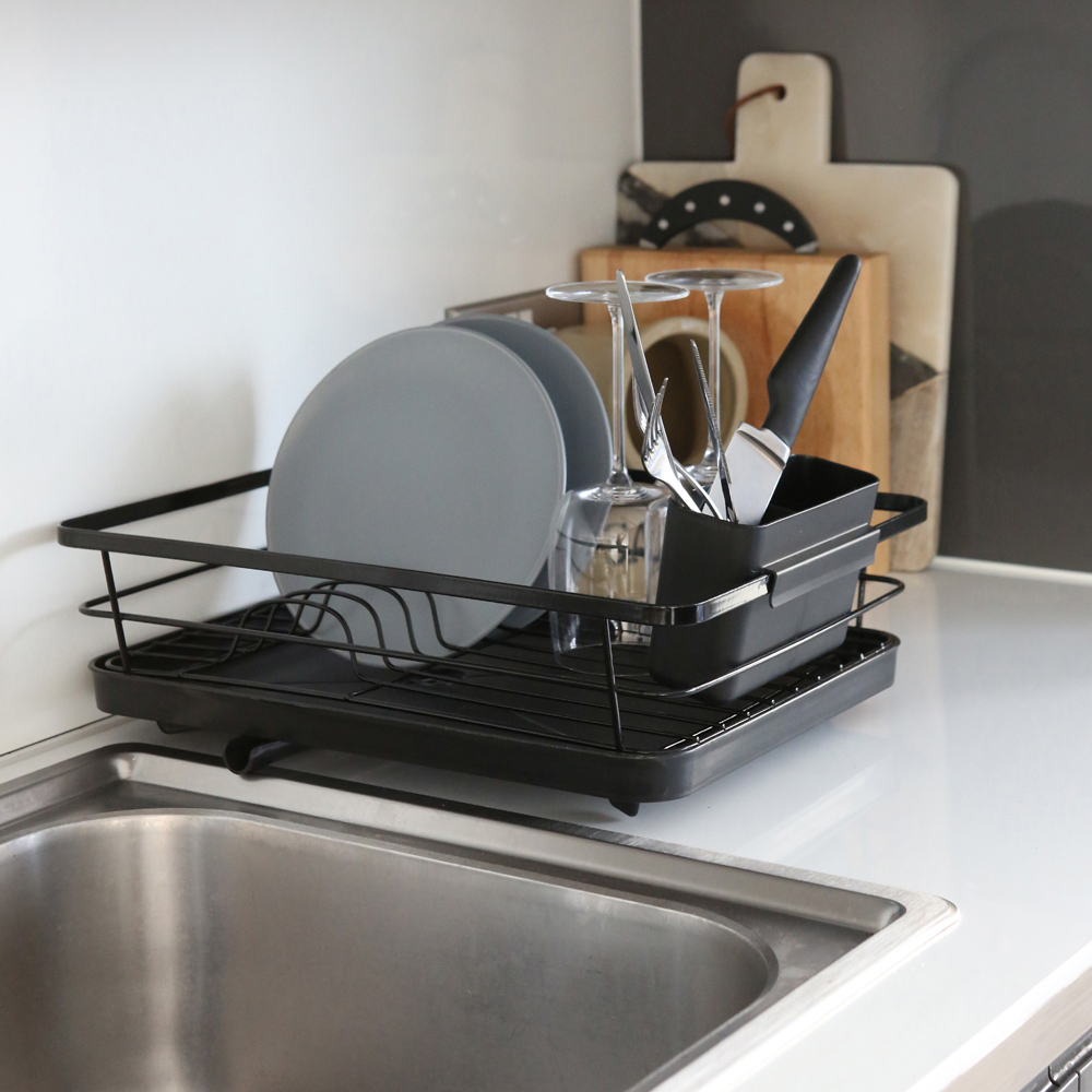 Harbour Housewares Black Metal Dish Drainer Rack with Drip Tray Image 2