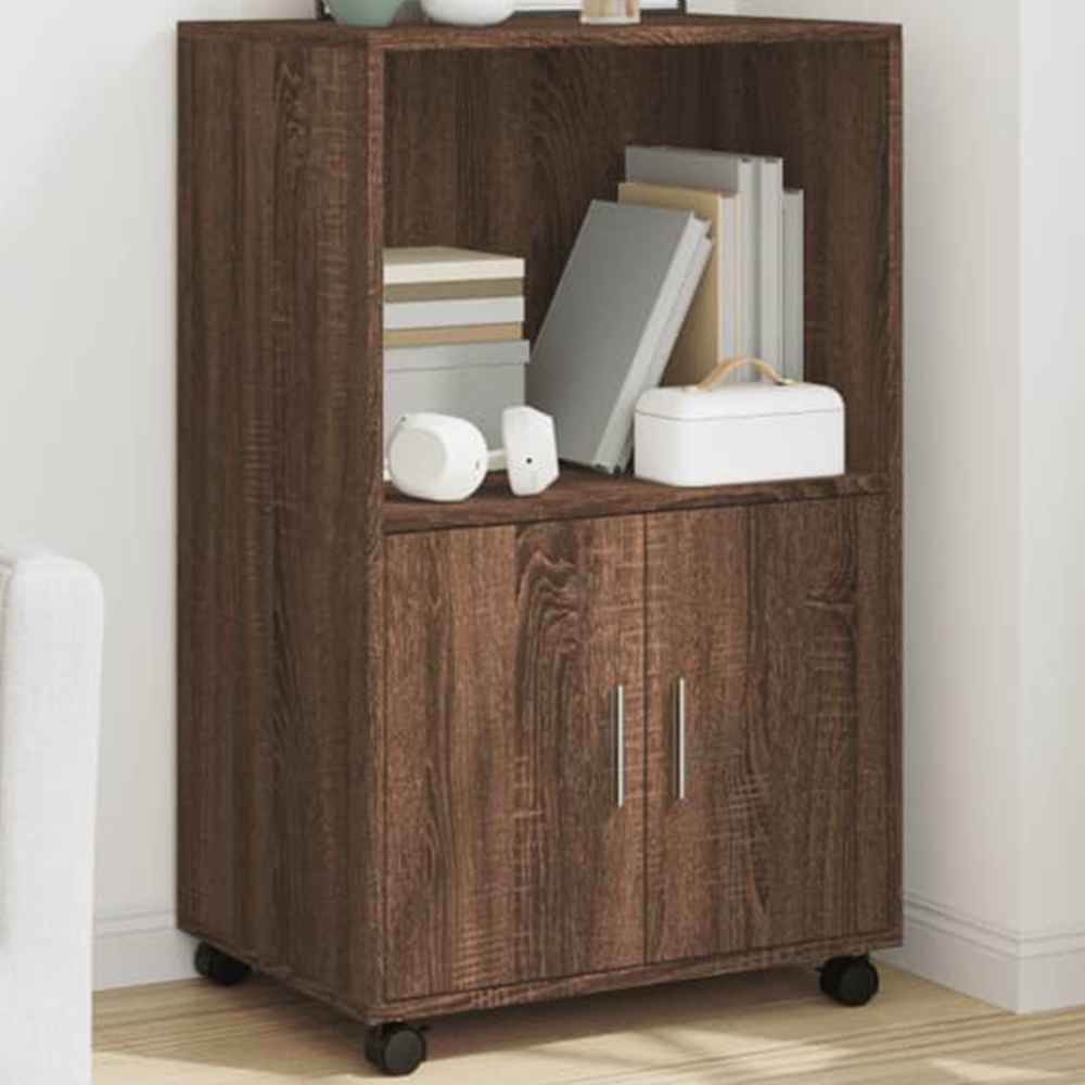 vidaXL 2 Door Single Shelf Brown Oak Rolling Cabinet Image 1