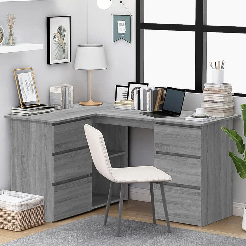 vidaXL 2 Door 4 Drawer 2 Shelf Corner Computer Desk Grey Sonoma Image 1
