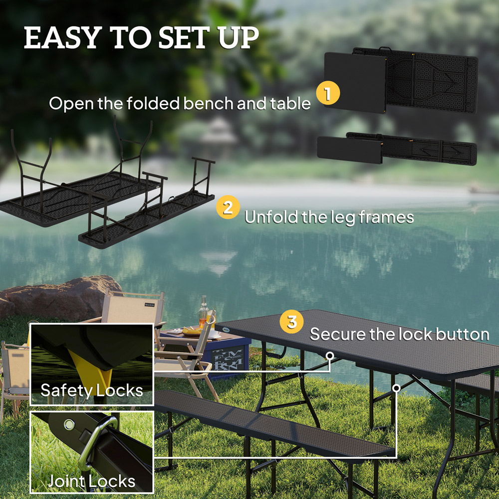 Outsunny 6 Seater Black Rattan Effect Foldable Picnic Table and Bench Set with Handles Image 8