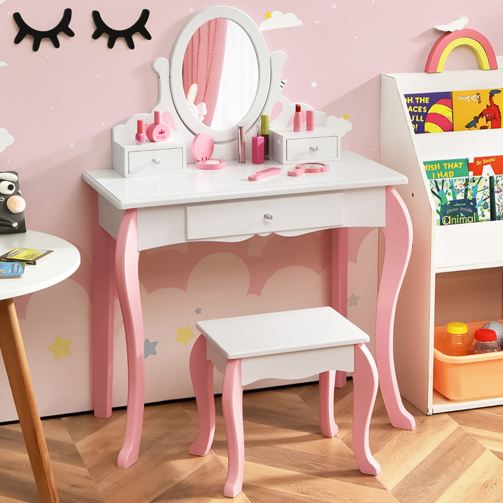 Costway Kids White Vanity Table and Chair Set with Rotatable Mirror Image 1