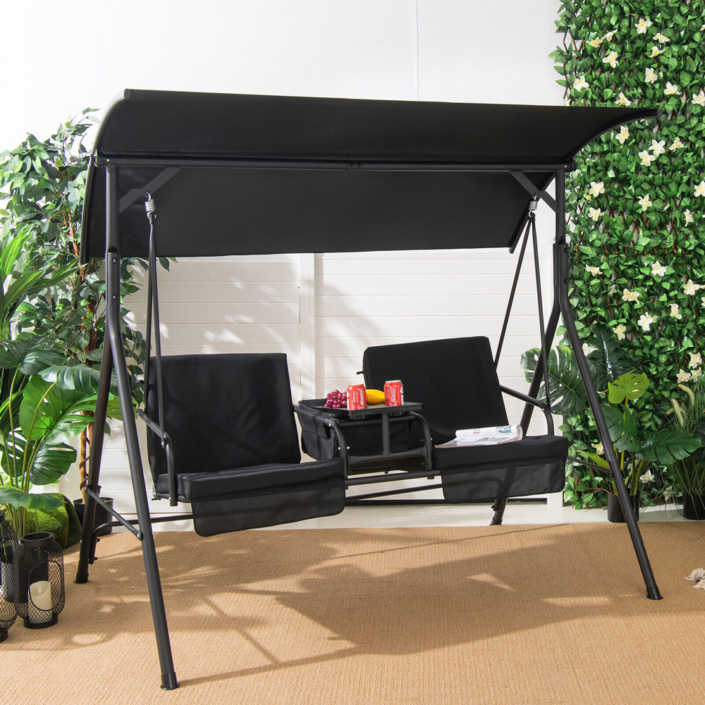 Costway 2 Seater Black Garden Swing Chair with Canopy and Cooler Bag Image 1