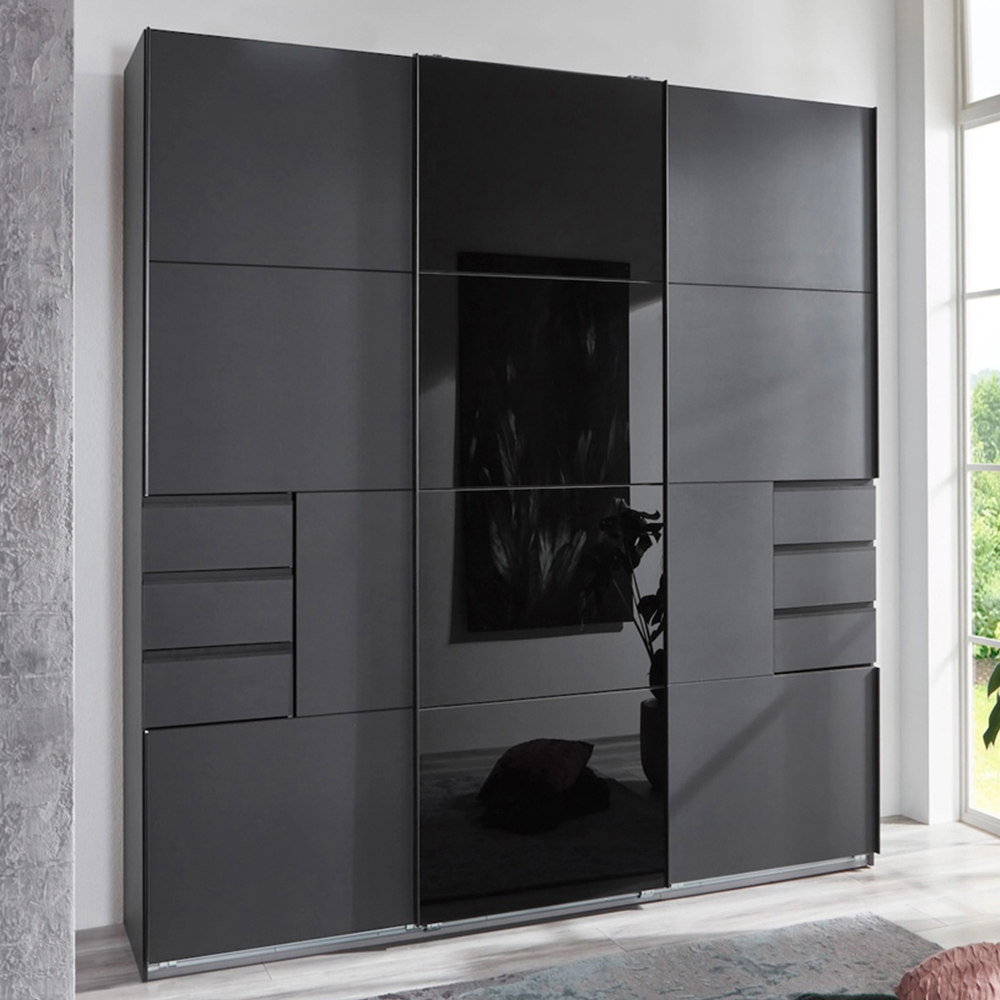 TJ'S Divac 3 Sliding Door 6 Drawer Graphite Black Glass Wardrobe Image 1