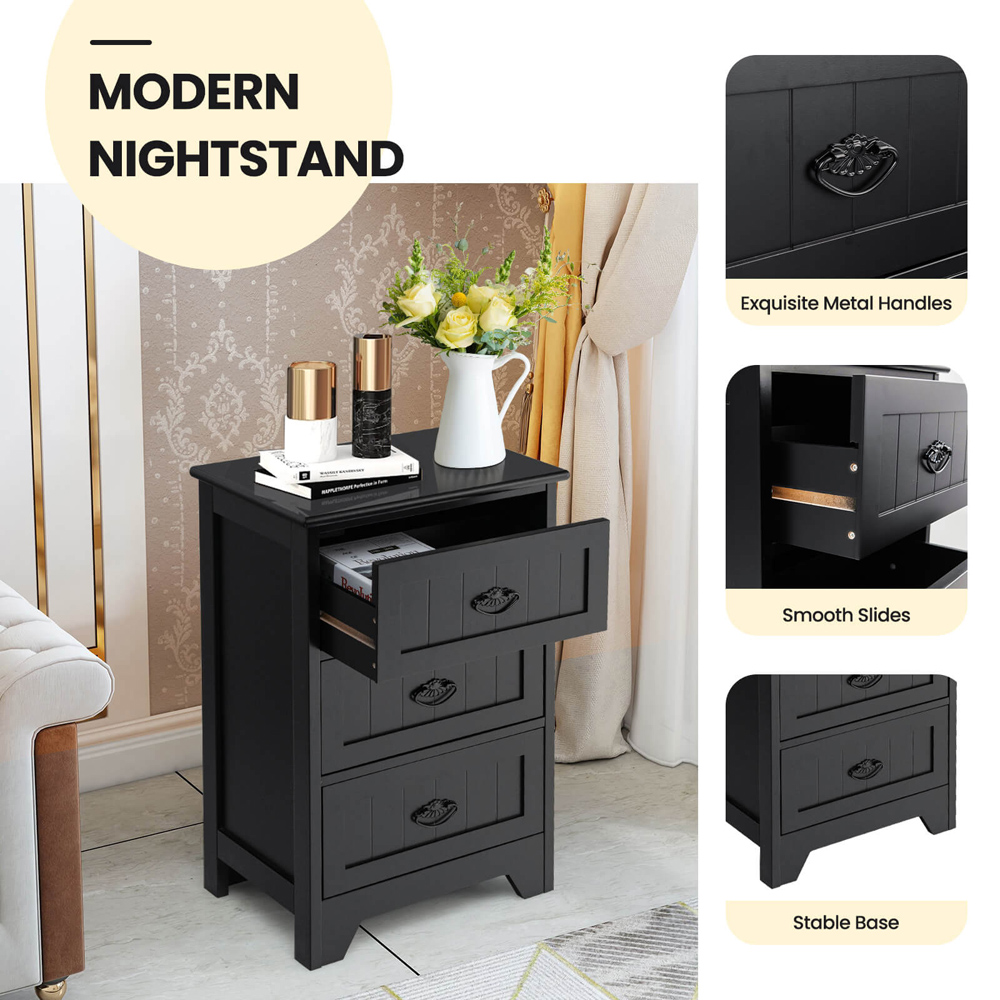 Costway 3 Drawer Black Vintage Bedside Table Image 8