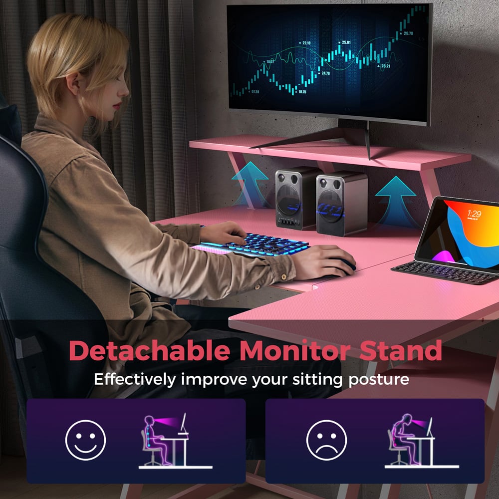 Costway L Shaped Gaming Desk with USB Ports Pink Image 5