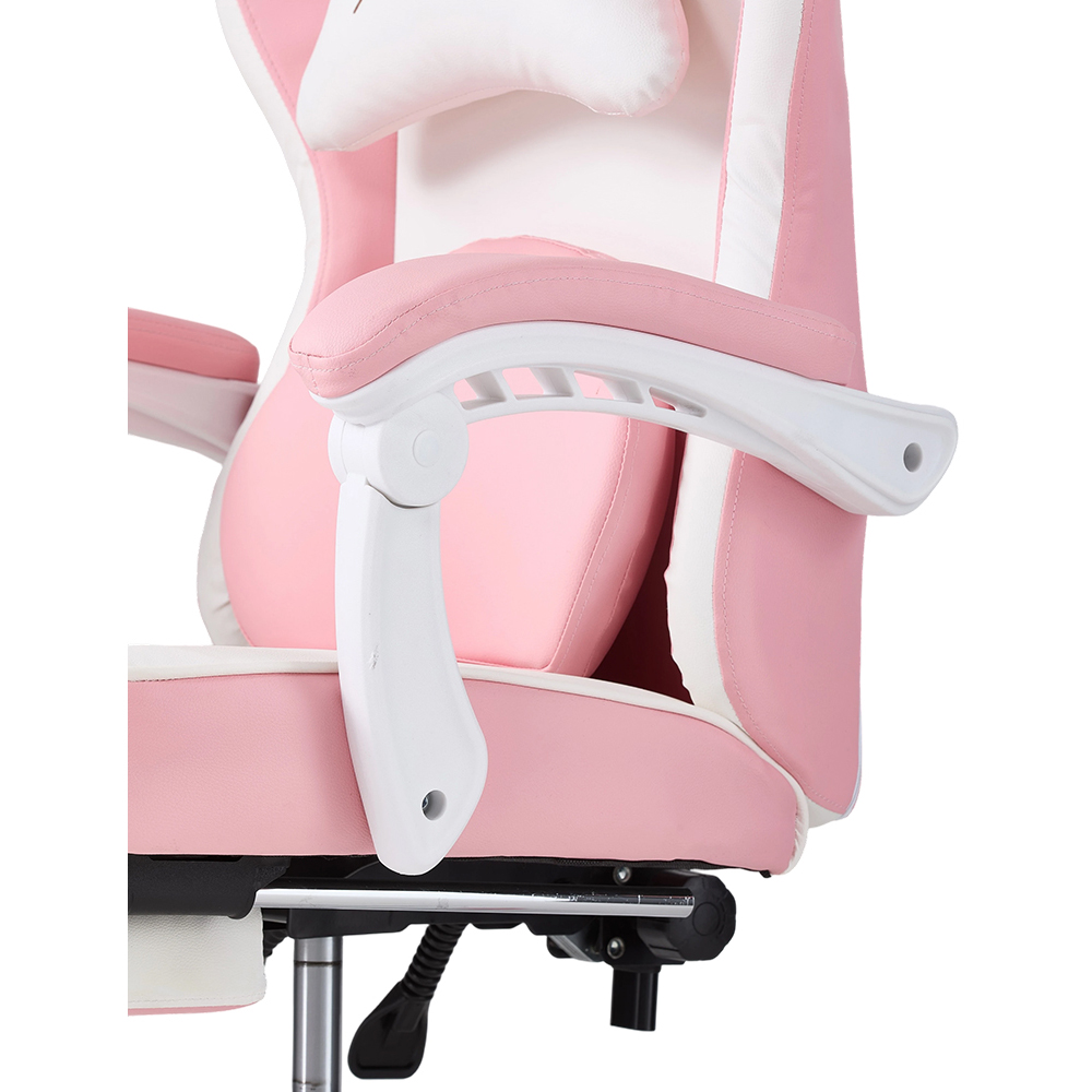 Living and Home White and Pink Cat Ear Design Gaming Chair with Massage Lumbar Pillow Image 5