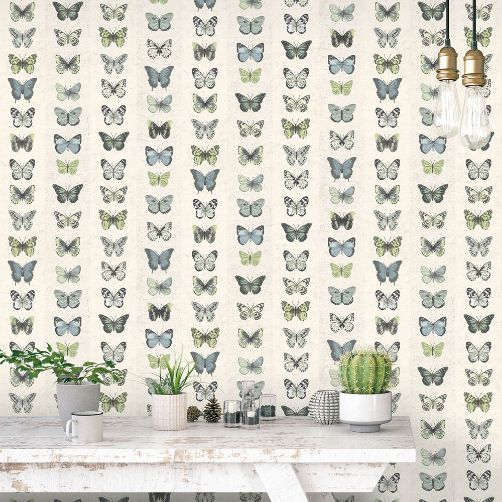 Galerie Organic Textured Butterflies Stripe Blue Beige Green Wallpaper Image 2