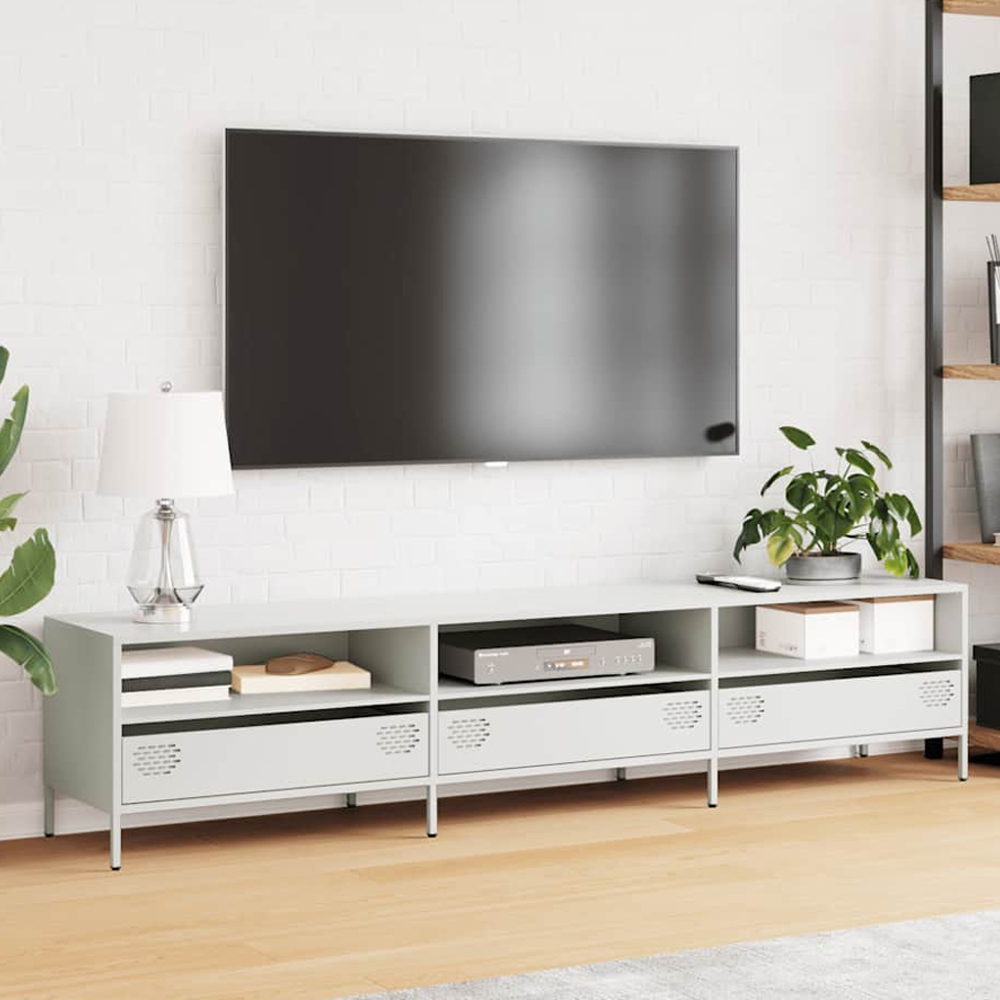 vidaXL 3 Drawer 3 Shelf White Steel Wide TV Cabinet Image 1