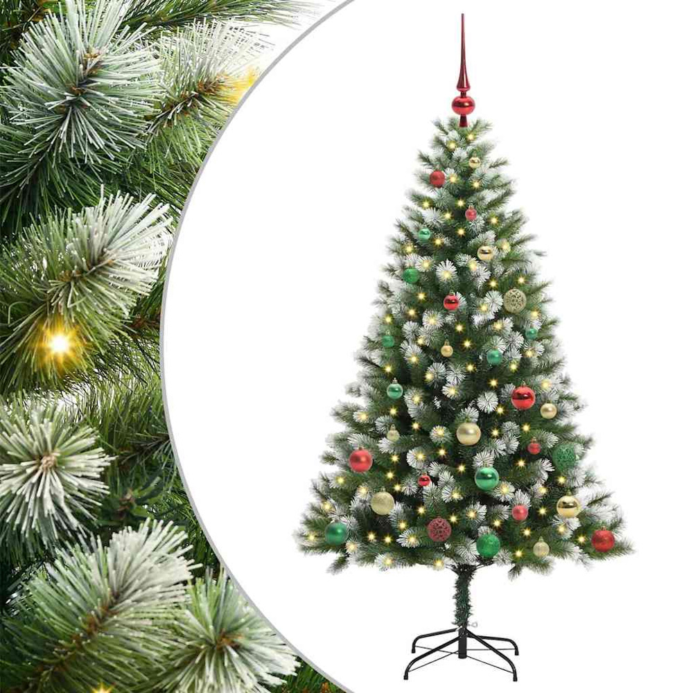 vidaXL Pre-Lit Multicolour Baubles Green Artificial Snow Tipped Hinged Christmas Tree 5ft Image 2