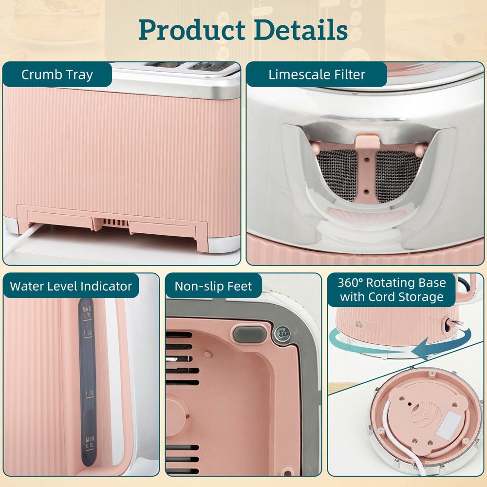 HOMCOM Pink 1.7L Rapid Boil Kettle and 4 Slice Toaster Set Image 3
