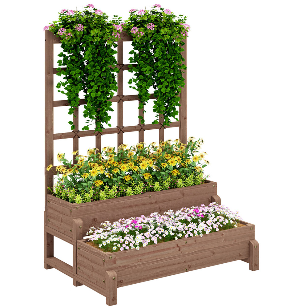 Outsunny 2 Tier Brown Wooden Raised Bed with Trellis Image 1