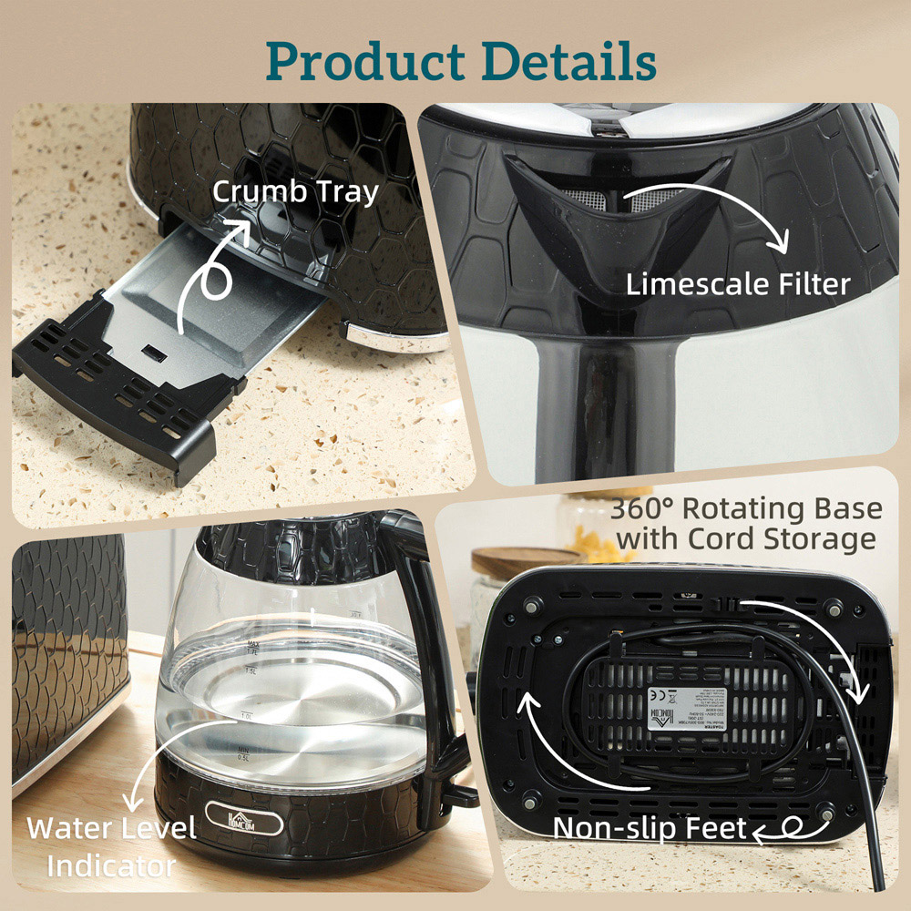 HOMCOM Black 1.7L Fast Boil Kettle and 2 Slice Toaster Set Image 3