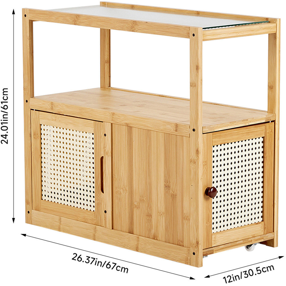 Living and Home 2 Tier 2 Door Wooden Glass Side Table with Wheels Image 6