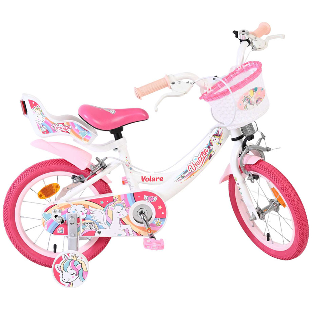 Volare Unicorn Kids 14 inch White and Pink Bike with Stabilisers Doll Seat and Basket Image 4