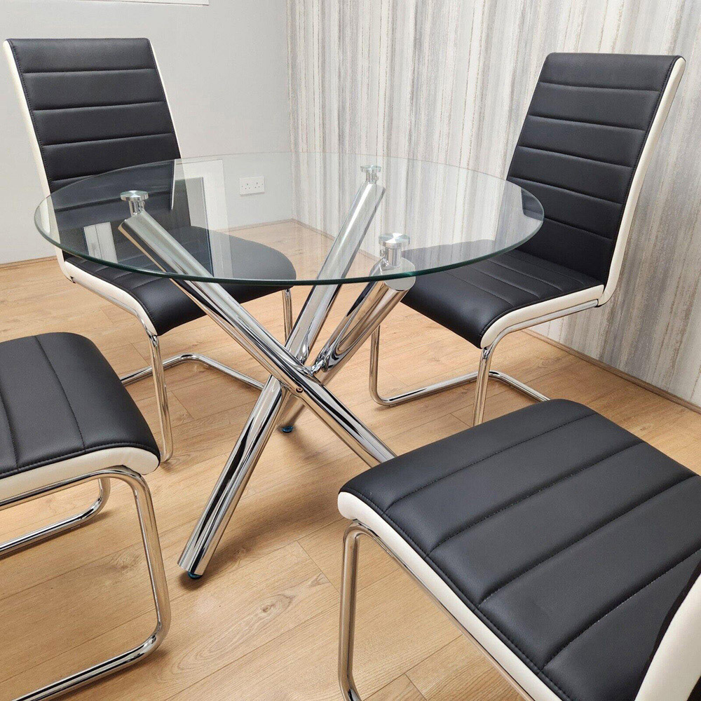 Portland 4 Seater Leather Clear Glass Round Dining Set Black and White Image 4