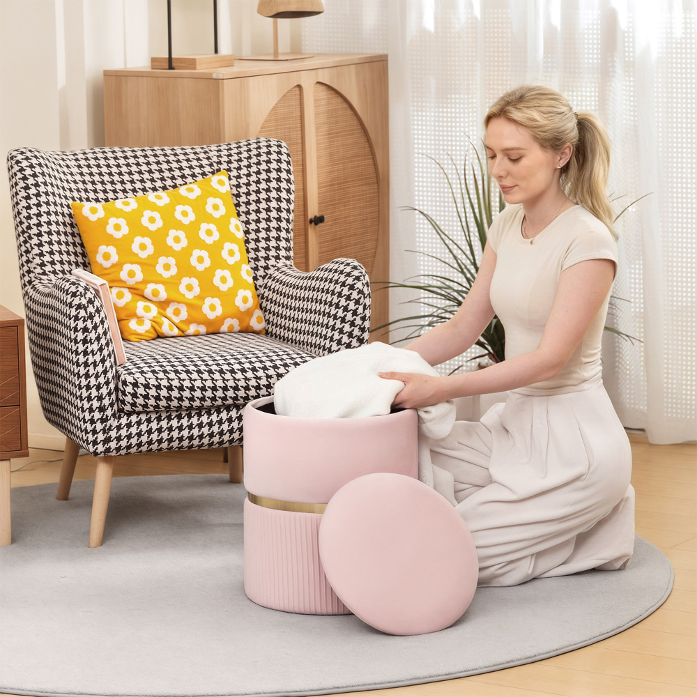 Portland Pink Velvet Round Pouffe Footstool with Storage Image 7