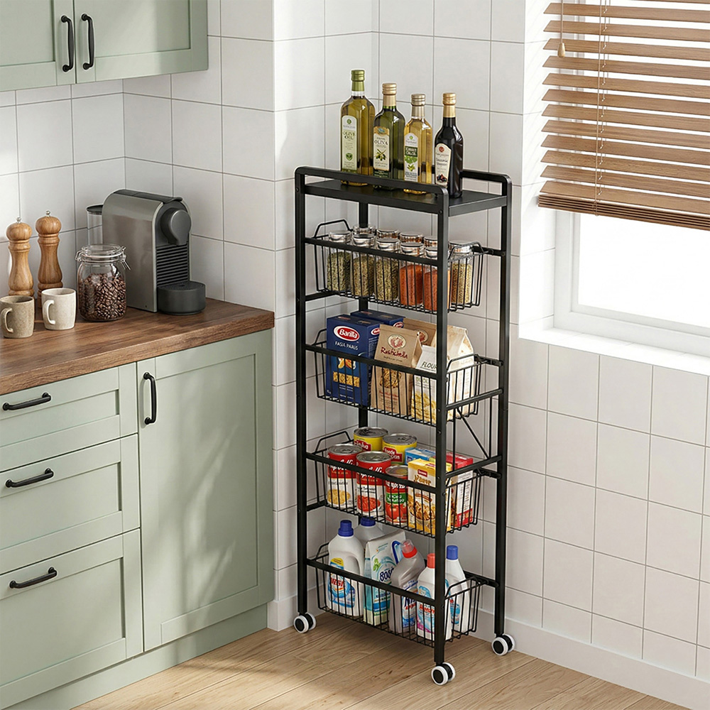 Living and Home 5-Tier Black Carbon Steel Pull-Out Storage Trolley Image 7