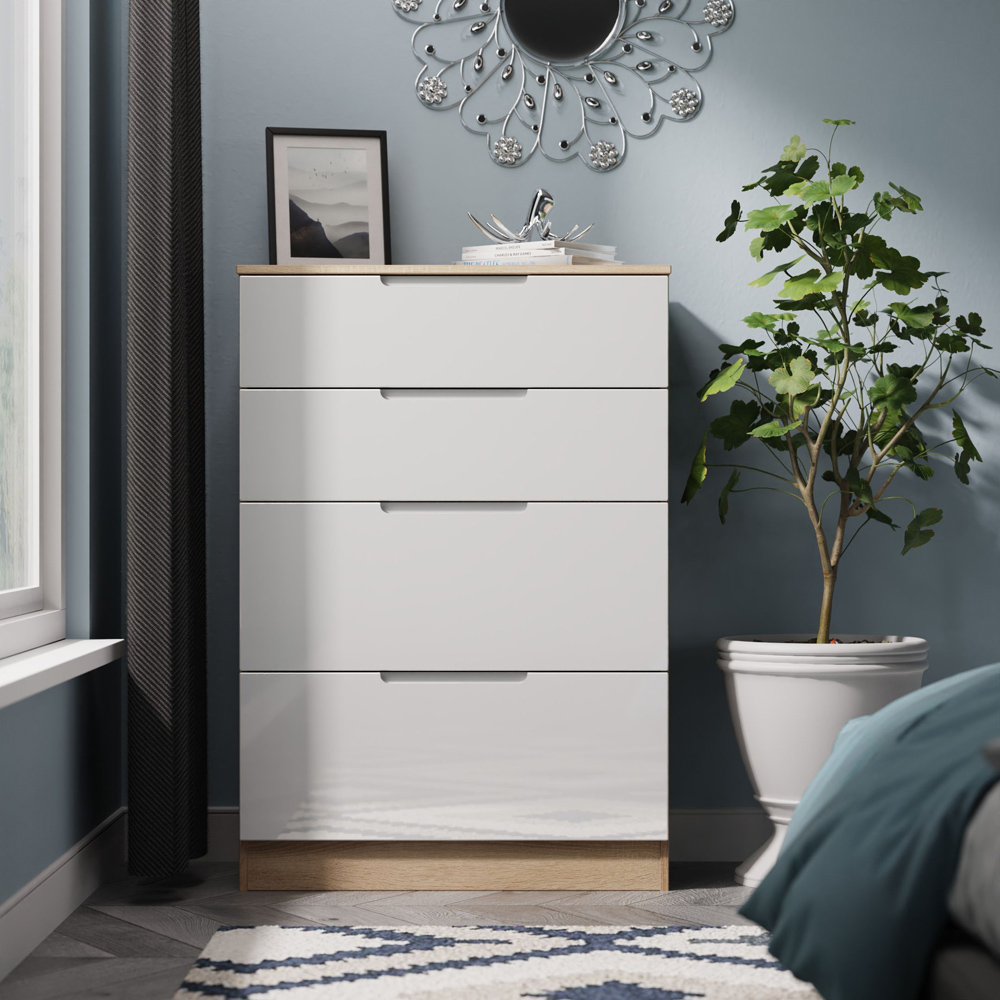 Crowndale Milan 4 Drawer White Gloss and Bardolino Oak Deep Chest of Drawers Ready Assembled Image 7