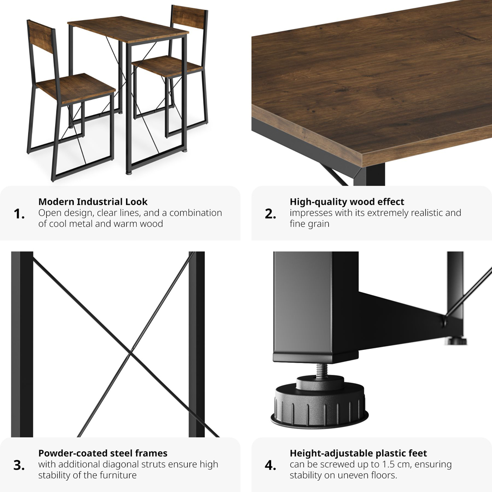 tectake Margate 2 Seater Industrial Dark Wood Dining Set Image 5