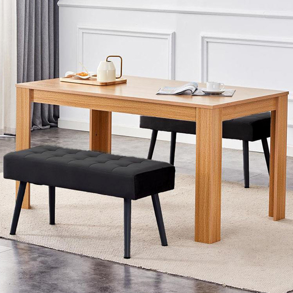 Portland 2 Seater Velvet Wooden Dining Set with Bench Oak Effect and Black Image 1