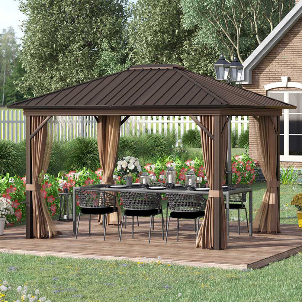 Outsunny 3.6 x 3m Brown Curtain Gazebo with Hardtop Image 1