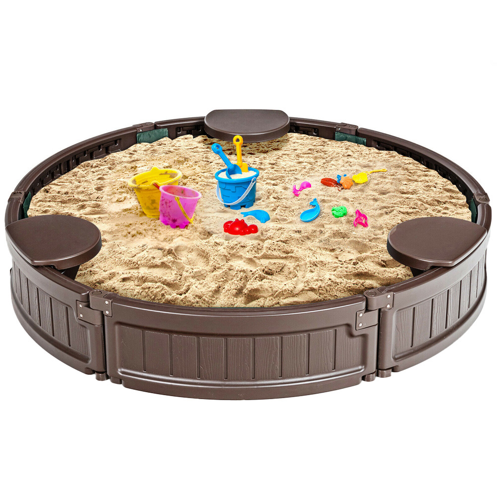 Costway Brown Round Sandpit with Waterproof Cover Image 1