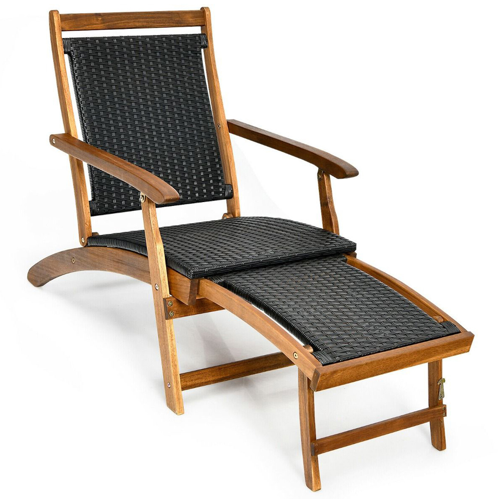 Costway Folding Deck Reclining Chair with Retractable Footrest Image 2